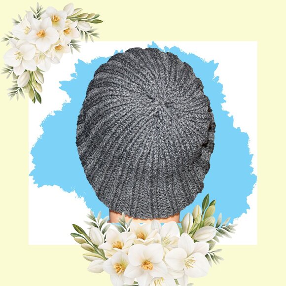 Hand Knit Heather Gray Slouch Beanie, Ribbed Acrylic Winter Hat - Picture 3 of 8